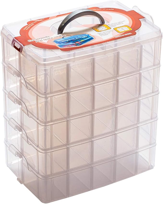 Sooyee 5 Layers Stackable Storage Container Clear 50 Adjustable Compartments, Compatible with Small Toys Arts and Crafts Piping Tips Hardware Storage Organizer