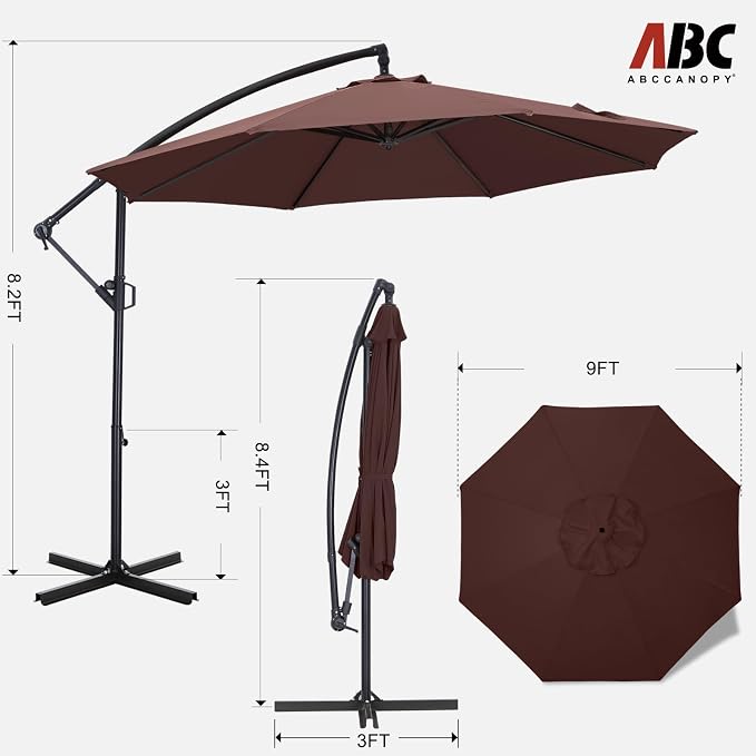 ABCCANOPY 9FT Cantilever Patio Umbrella with base included, 360° Rotation Outdoor Offset Umbrella for Backyard, Deck, Poolside (Chocolate)