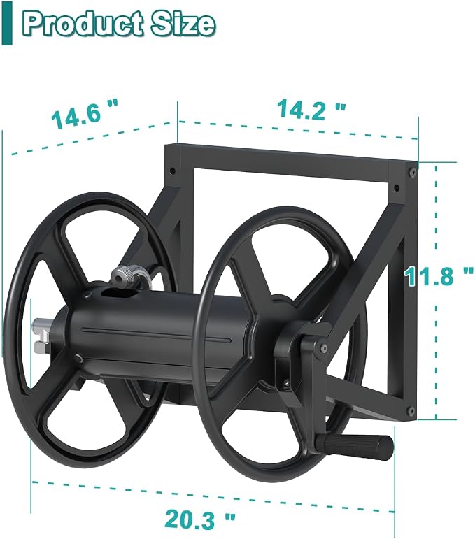 Artigarden Garden Hose Reel Wall Mounted, Outdoor Heavy Duty Powder Coated Metal Water Hoses Holder Winder Holds 125 ft 5/8" Hoses with 3.9ft Leader Hose, Stainless Steel Connector for Outside, Black