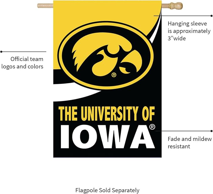 NCAA University of Iowa House Flag, 28 x 44, Double Sided Garden Flags for Outside, Outdoor College Flags & Banners for Gardens Patio, Indoor Wall Decor Flag for Room