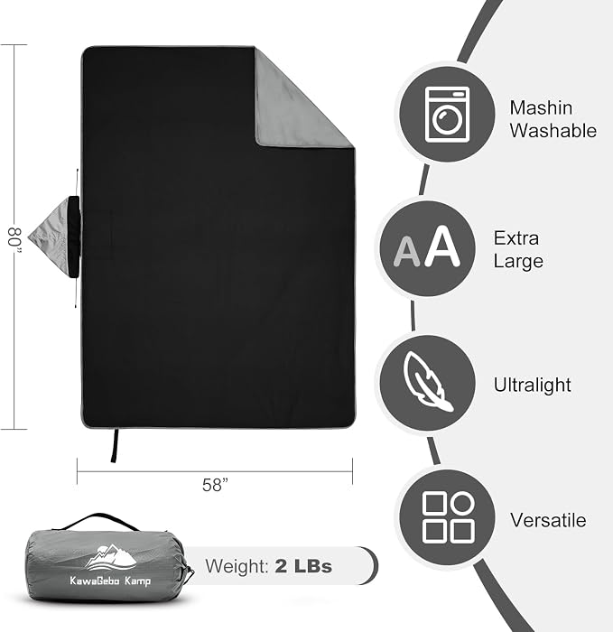 Large Waterproof Outdoor Picnic Blanket 80"x 58" | Windproof Lightweight Stadium Blanket, Packable, Stay Dry and Comfortable for Camping, Sports, Travel - Grey Hooded