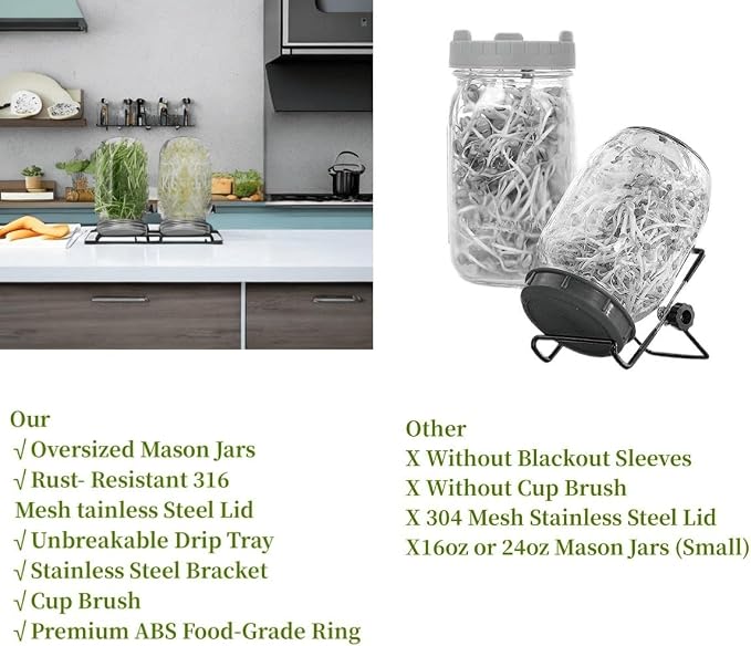 Lulonpon 4 Sprouting Jar Kit, Wide Mouth Quart Mason Jars with Stainless Steel Screen Sprout Lids, 86mm,1000ml,Stand,Tray and Canning Brush,Seed Sprouter Set for Growing Broccoli, Alfalfa, Mung Bean