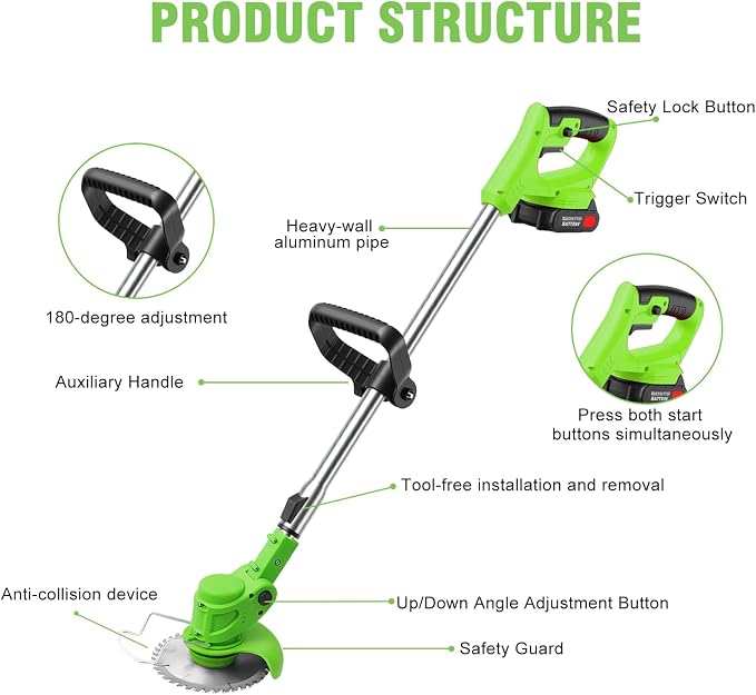 3-in-1 Cordless Weed Wacker, 24V Battery Powered Grass Trimmer Electric Brush Cutter Lawn Edger with 2 Pack 2000mAh Batteries for Garden Yard Pruning Yard