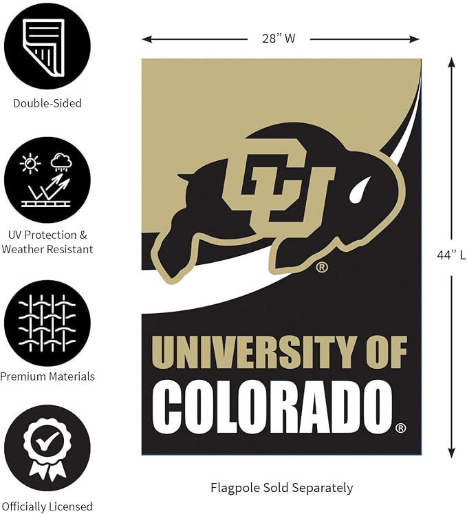 NCAA University of Colorado House Flag, 28 x 44, Double Sided Garden Flags for Outside, Outdoor College Flags & Banners for Gardens Patio, Indoor Wall Decor Flag for Room