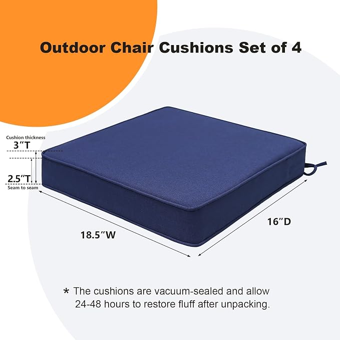 Unimatta Square Corner Seat Cushions, 18.5" x 16" x 3", Set of 4, Indoor Outdoor Water Repellent Universal Chair Pads with Ties for Patio Furniture, Garden Deck Dining Chairs, Navy