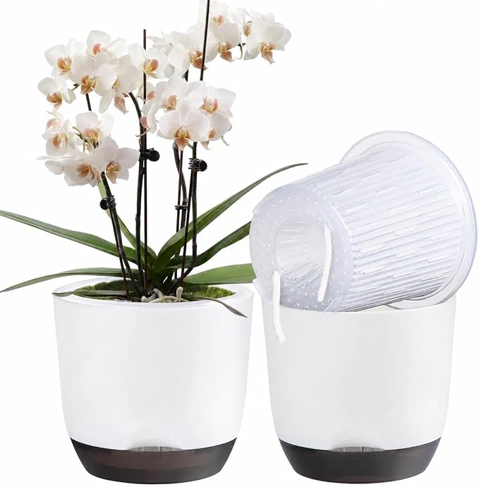 7.2Inch White Orchid Pots with Holes for Repotting, Double-Layer Plastic Self Watering Flower Pots for Indoor Plants with Drainage Holes, Clear Orchid Pot Match Decorative Orchid Container, 1 Pack