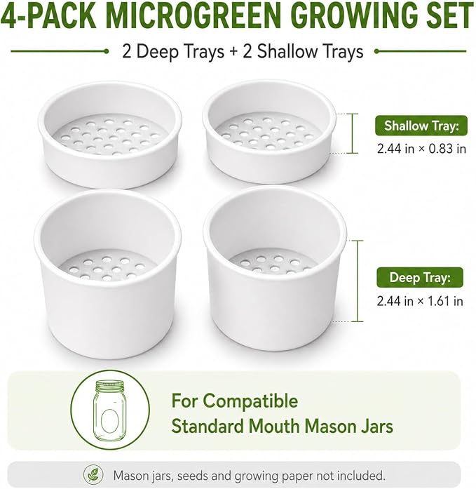 Microgreens Growing Trays for Standard Mouth Mason Jars, 4-Pack | Microgreens Growing Kit (2 Deep, 2 Shallow) | 2.44-Inch indoor Hydroponic Sprouting trays for Pea, Mung Bean, Sunflower &More