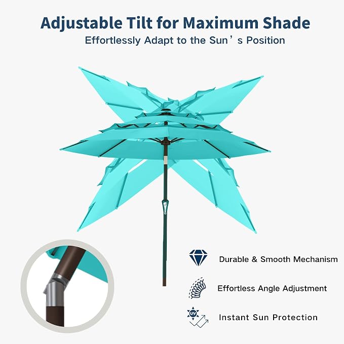 10FT Patio Umbrella 3 Tiers Outdoor Market Umbrella w/Push Button Tilt, Crank, UV and Waterproof Table Umbrella for Garden, Pool, Backyard, Deck, Lawn, Aqua Blue