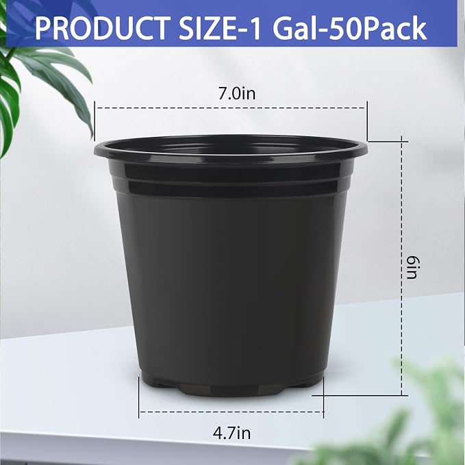 1 Gallon Pots for Plants, 7 Inch Nursery Pots with Drainage Holes, 1 Gallon Plastic Plant Pots for Cuttings, Seeding, Succulents, Transplanting