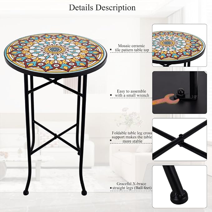 Mosaic Outdoor Side Table Small Round Patio Table Plant Stand | 21" Accent End Table with 14" Ceramic Tile Top for Small Spaces Porch Pool Garden Decor Indoor Living Room Bedroom Balcony