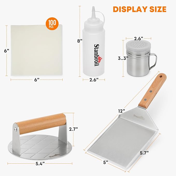 Stanbroil 5 Piece Smash Burger Press Kit for Flat Top Grill - Stainless Steel Grill Spatula and Burger Smasher, Spice Shaker, Squeeze Bottles and Patty Paper for BBQ Griddle Cooking