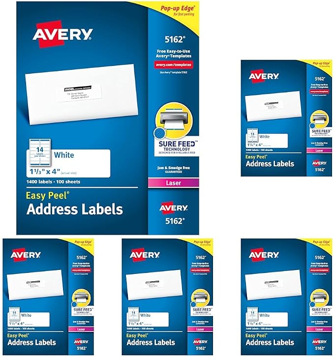 Avery Easy Peel Printable Address Labels with Sure Feed, 1-1/3" x 4", White, 1,400 Blank Mailing Labels for Laser Printers (5162) (Pack of 5)