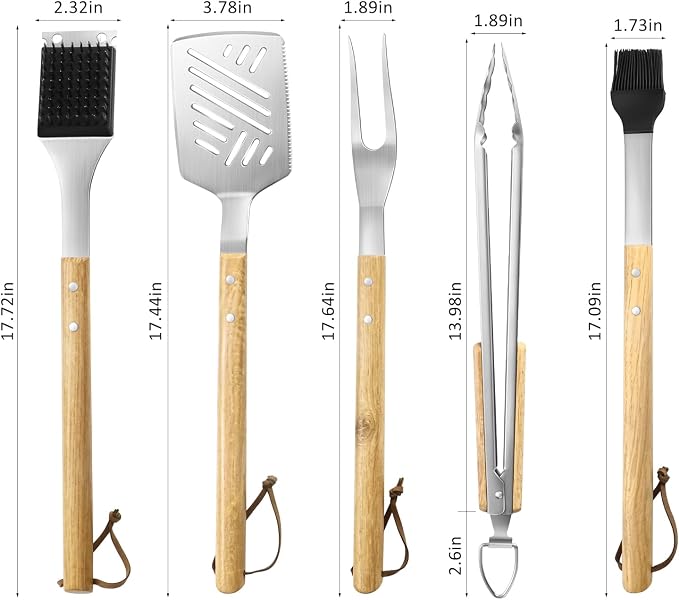 5 pcs Heavy-Duty Wooden BBQ Grilling Tools Set, Extra Thick Stainless Steel Multi-Functional Spatula, Fork, Tong, Oiling Brush & Cleaning Brush - an Excellent Barbecue Gift for Men