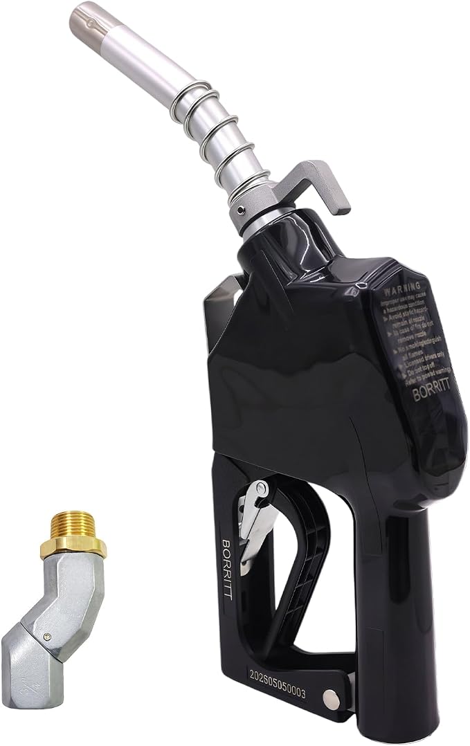 3/4" Inch NPT Black Fuel Nozzle,Automatic Shut Off Heavy Duty W/360° Hose Swivel Gas Fuel Transfer Pump Nozzle,304 13/16" Spout nozzle bushing,Copper Valve,Hook,16 gpm Flow Rate For Gas,Diesel