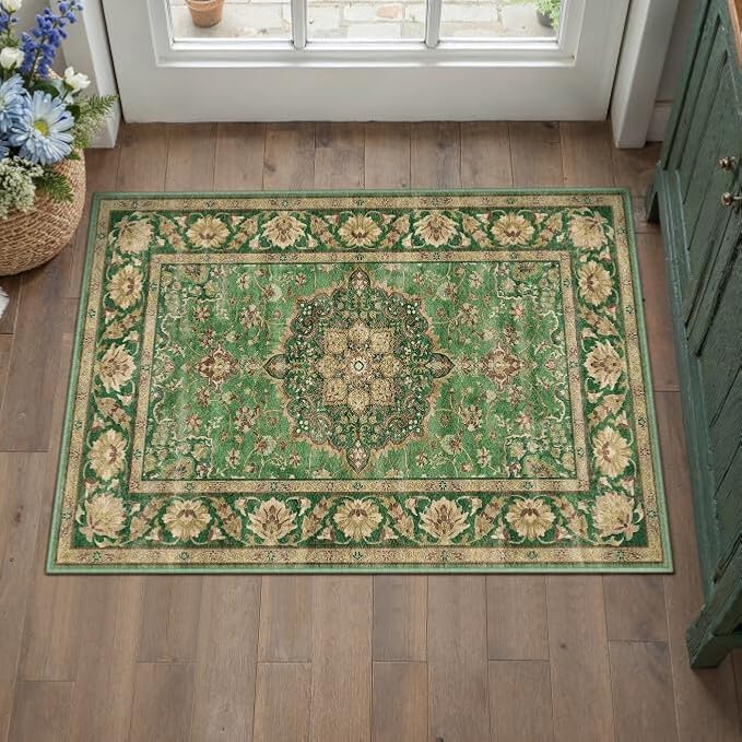 Green Area Rug 2x3 Entryway Vintage Floral Non-Slip Door Mat | Machine Washable, Soft, Low Pile, Distressed, for Kitchen, Hallway, Bathroom, Retro Farmhouse Decor