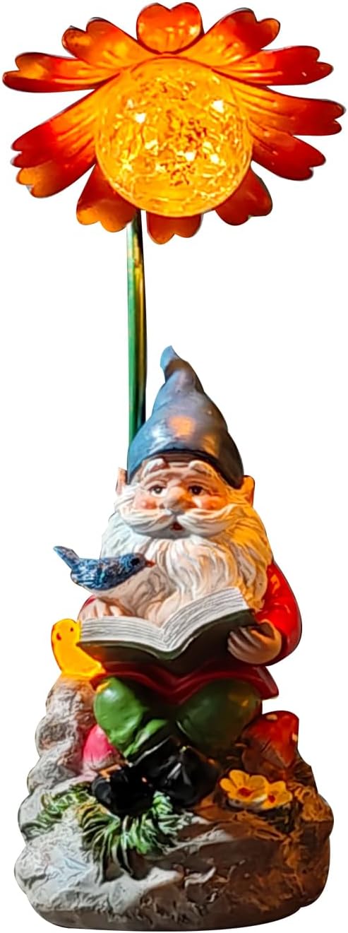 COWOS Solar Powered Garden Gnome Statue with Glowing Flower Light, Hand-Painted Resin Figurine for Outdoor Patio, Yard, Lawn Decor, Gift for Garden Lovers