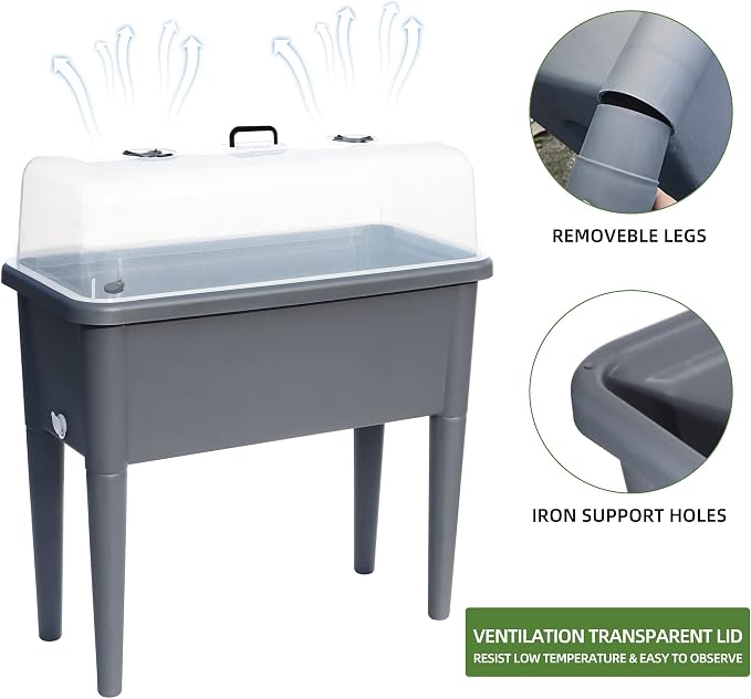 Dexceder 13.2 Gallon Self Watering Raised Garden Bed (Deep Gray) | Ventilation Transparent Lid Greenhouse, Deepen Vegetable Flower Box Planter Pot with Removeble Legs & Water Level Indicator