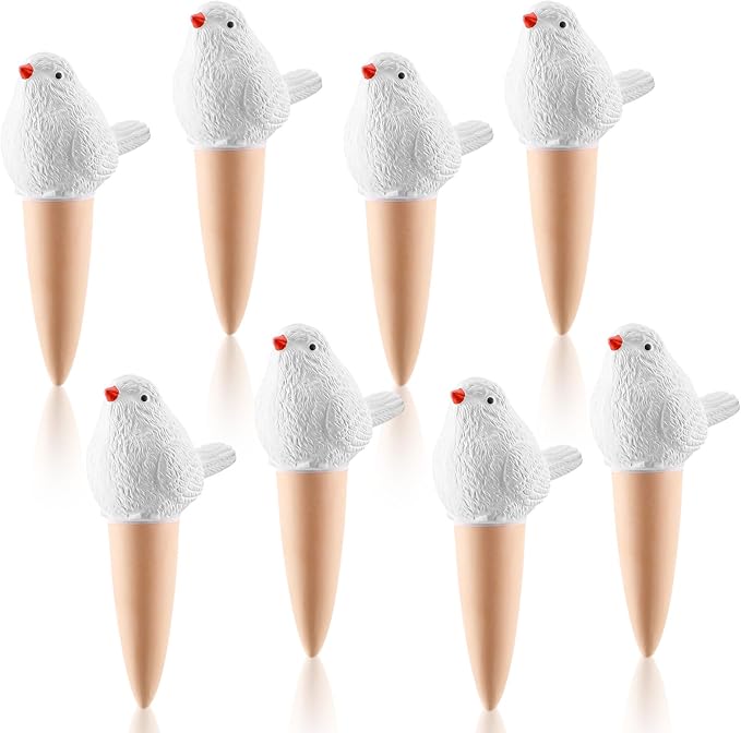 Sliner 8 Pack Bird Shaped Plant Watering Globes Self Watering Planter Insert Terracotta Irrigation Globe Devices with Slow Release Automatic Water Spike for Indoor Outdoor Potted Plant(White)