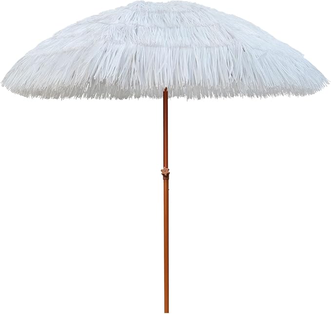 AMMSUN 7.5ft Hula Thatched Tiki Patio Beach Umbrella Hawaiian Style 10 Ribs UPF 50+ with Tilt Carry Bag for Outdoor Tiki Bar, Tropical Palapa, Patio Garden Beach Pool Backyard White