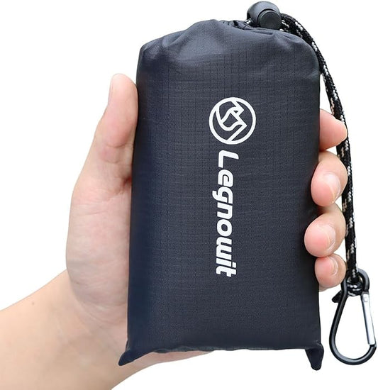 Outdoor Pocket Blanket, 55"x60" Waterproof Foldable Compact Small Picnic Blanket, Ultralight Tarp for Camping, Festival, Beach, Hiking, Backpacking, Travel, Stakes Included (Black)