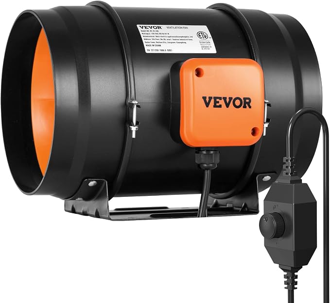 VEVOR 8 inch Inline Duct Fan 750 CFM Ventilation Exhaust Fan Low Noise | for Cooling Booster, Grow Tents, Hydroponics, Quiet AC-Motor, with Variable Speed Controller, Vibration-Free Rubber Mats