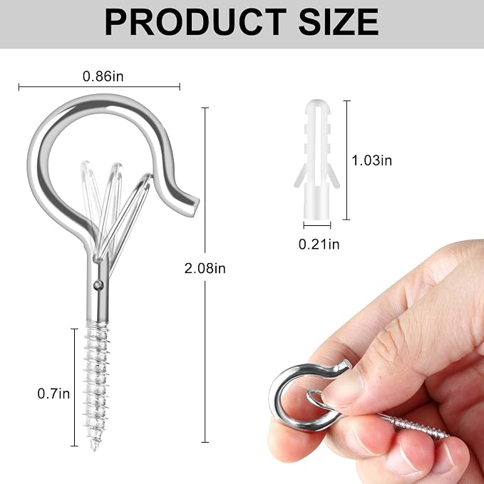 FSAH 25 PCS Screw-in Hooks for Outdoor String Lights, Q Hangers Hooks Outdoor for Outside, Swivel Hanging Basket Patio Light Hooks with Safe Buckle Screw in Planter Eye Hook for Wall Ceiling, Silver