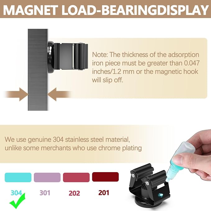 3-H Magnetic Broom Holder 8pcs, Stainless Steel No Drill Mop Holder Wall Mount with 4 Mini Magnetic Hooks, Movable Magnet Tool Organizer for Garage Laundry Kitchen Garden RV,Black