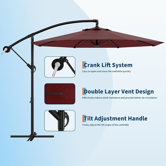 Garvee 10FT Offset Patio Umbrella with Cross Base, Cantilever Umbrella with Easy Lift & Tilt Adjustment, 8 Ribs Sun umbrella UV Protection for Backyard, Pool, Garden, Burgundy