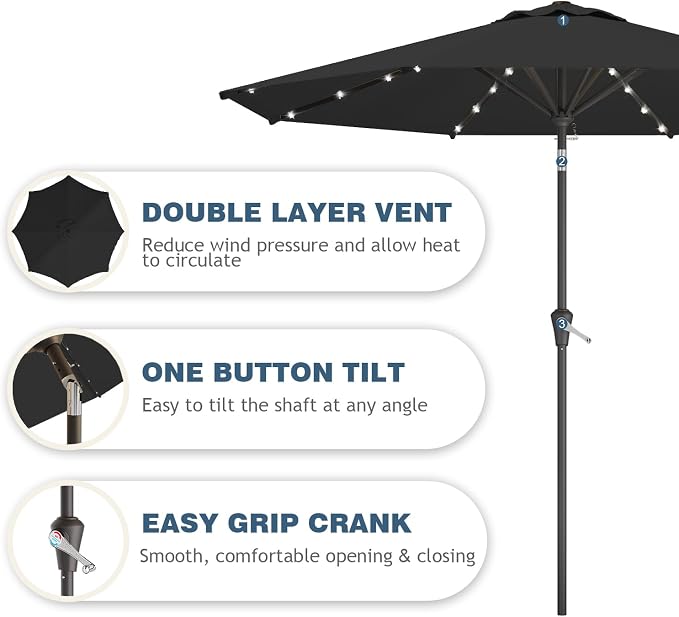 9FT Patio Umbrella with Solar Lights,Outdoor Market Umbrella with Tilt and Crank, LED Lighted Table Umbrella for Garden,Deck,Backyard,Pool,Beach (Black)