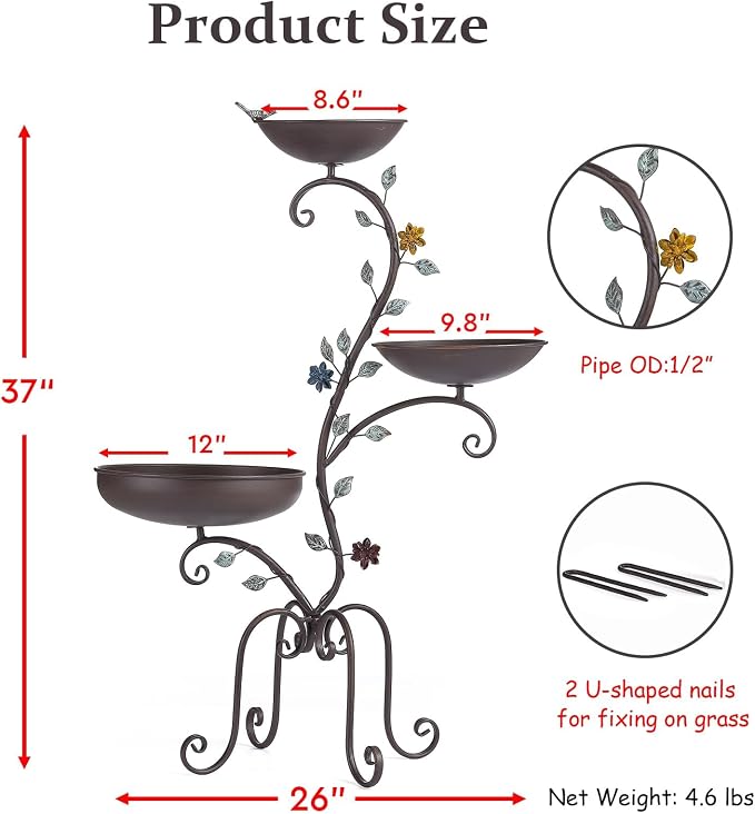 37" H Bird Bath Feeder and Planter for Outdoors, 3-in-1 Metal Birdbaths Stand Vintage Pedestal Bird Bowl for Outside Garden Yard Patio Lawn Decor