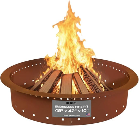 Iron Forge Tools Smokeless Outdoor Fire Pit Ring Insert 48 Inch Round | heavy duty corten steel, permanent fire pit rings, backyard bonfire, smokeless firepit, 42 inch inner ring, pit liner insert