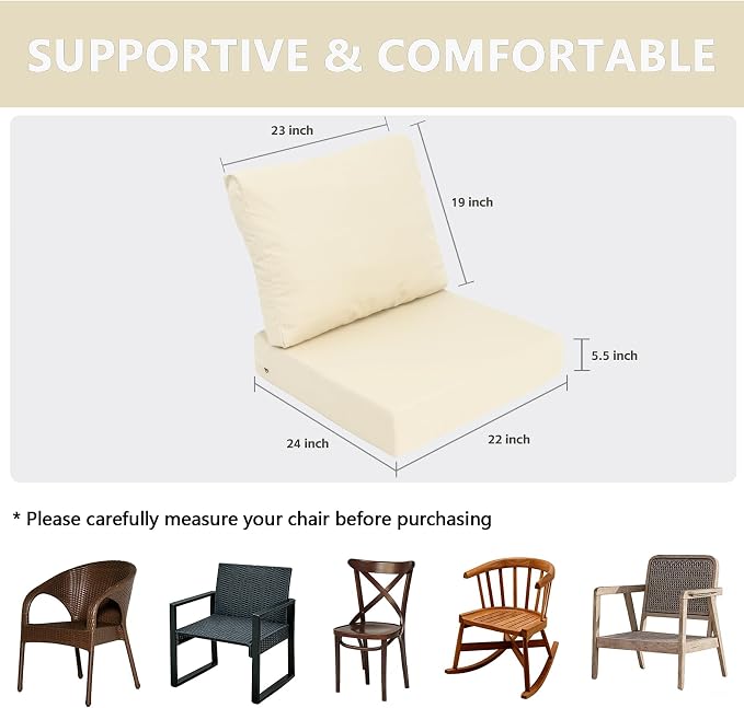Goodgoods 22 x 24 Outdoor Patio Deep Seat Cushions 2-Pack, Fade-Resistant & Water-Resistant Furniture Chair Cushions with 35D High-Resilience Foam for Sofa, Beige
