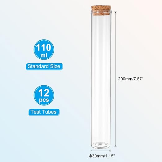 PATIKIL 110ml Test Tubes, 12pcs 7.87x1.18 Glass Clear Flat Bottom Test Tube Containers with Cork Stopper for Bead Party Candy Bath Salt Storage Scientific Experiment Plant Propagation
