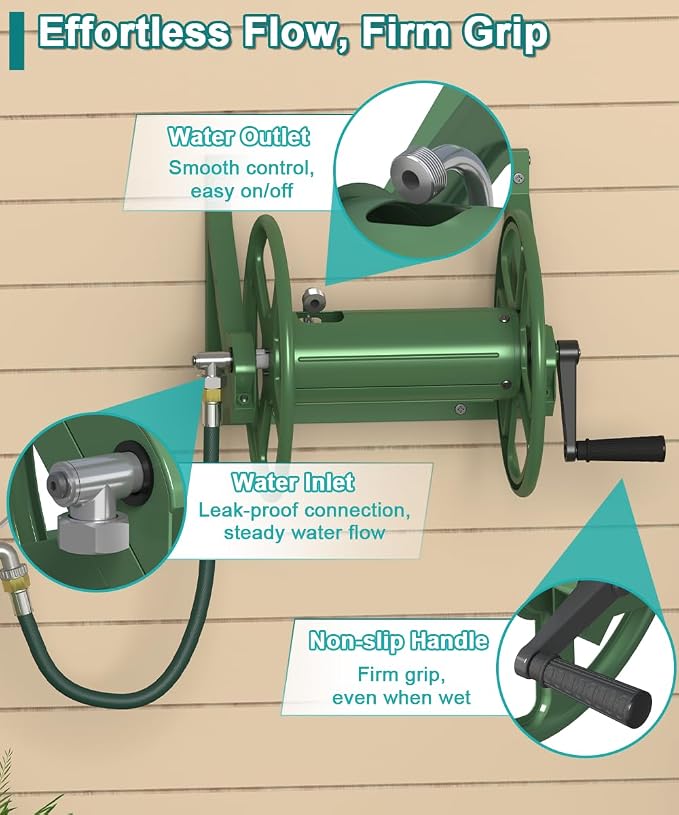 Artigarden Garden Hose Reel Wall Mounted, Outdoor Heavy Duty Powder Coated Metal Water Hoses Holder Winder Holds 125 ft 5/8" Hoses with 3.9ft Leader Hose, Stainless Steel Connector for Outside, Green