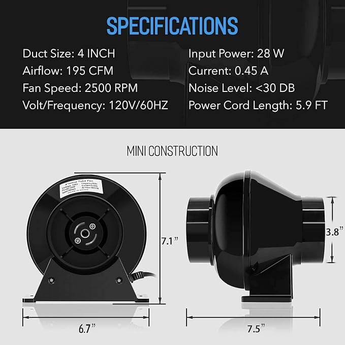HealSmart 4 Inch 195 CFM Exhaust Inline Vent Booster Blower and 25 Feet Non-Insulated Flex Air Aluminum Foil with 2 Clamps for Indoor Grow Tent Hydroponics Ventilation, Quiet