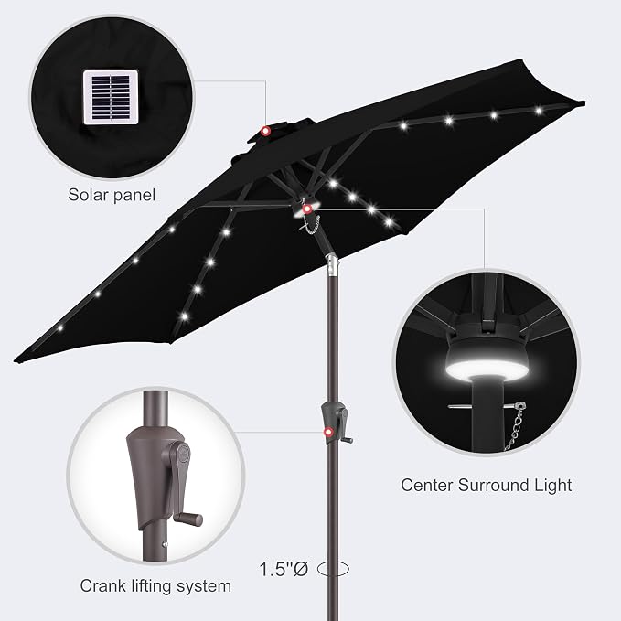 7.5FT Solar Umbrella Outdoor - Lighted Solar Patio Umbrella with 24 LED Lights Waterproof UV Protection, Table Umbrella with Tilt for Pool, Porch, Garden, Deck, Backyard (Black)