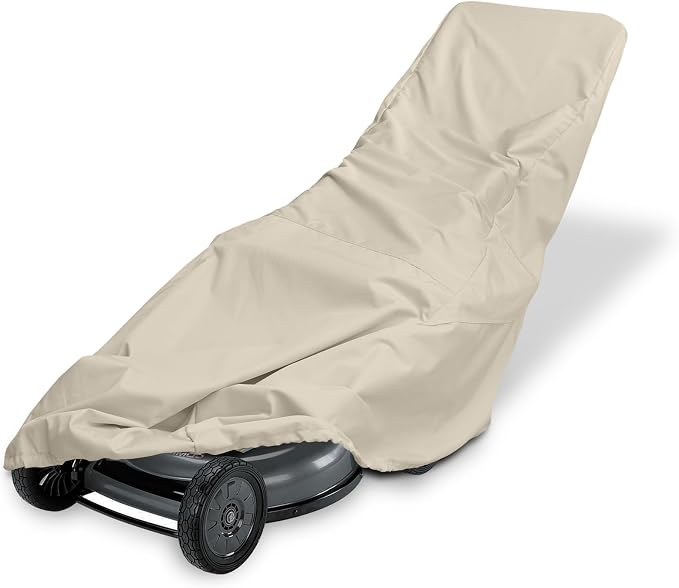 Porch Shield Lawn Mower Cover -Water Resistant Universal Lawnmower Storage Cover Fitting Push Walk-Behind Mower (Up to 22 Inches Wide, LightTan)