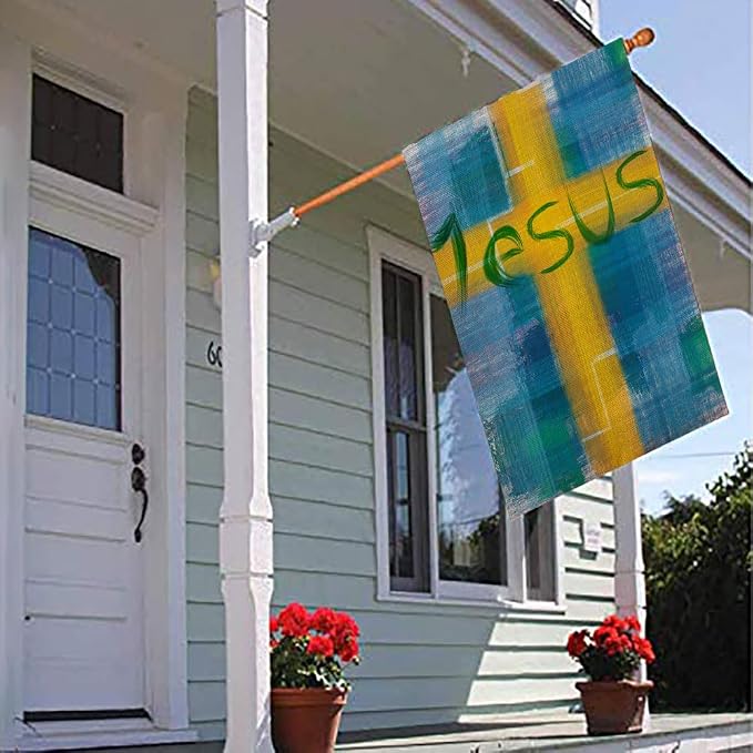 EMMTEEY Easter Outdoor Garden Flag Double Sided 28X40 Inch Yard Decor Garden Flags Jesus Lettering Design Housewarming Modern Blue Yellow Garden Yard Flag