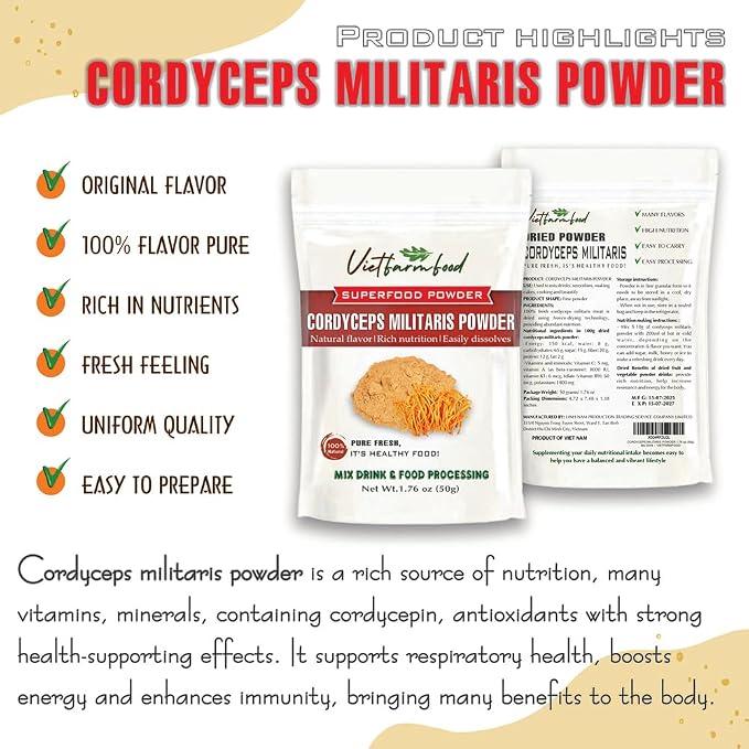 CORDYCEPS MILITARIS POWDER 2.47 oz (50g) VIETFARMFOOD: Pure freeze-dried vegetable powder, made from real vegetables with no added sugar. Perfect for daily nutrition to keep your body full of vitality