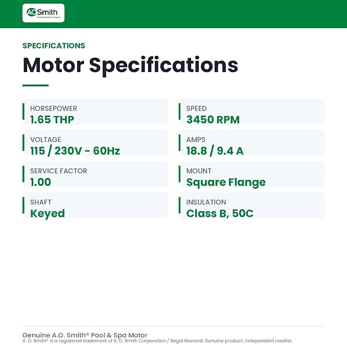 AO Smith/Century Electric Centurion PRO, Single Speed, 1.65HP, 3450RPM, 115/230V, 18.8/9.4 AMPS, 1SERVICE Factor, Square Flange
