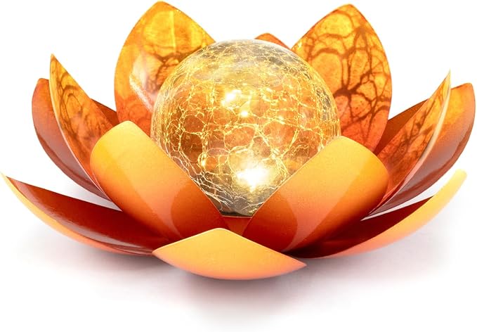 Huaxu Solar Lights Outdoor Garden Decoration Crackle Globe Glass Waterproof LED Metal Orange Lotus Flowers Gift for Mom,Women,Patio,Lawn,Walkway,Tabletop,Ground