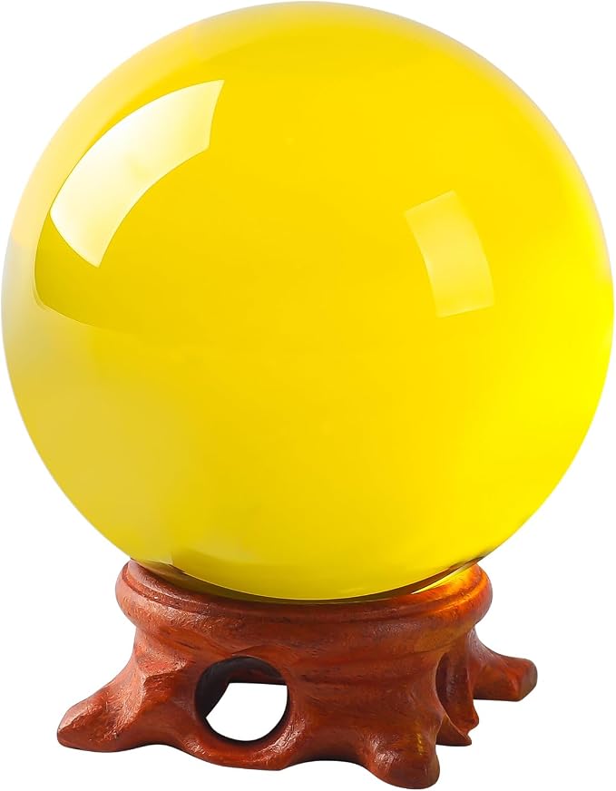 Yellow Crystal Ball 80mm/3.1inch with Rose Wooden Stand and Gift Box for lensball Photography,Fortune Teller,Feng Shui, Witchcraft Decor,Scrying,Magic,Quartz Crystal Orb Prop Decorative Glass Sphere