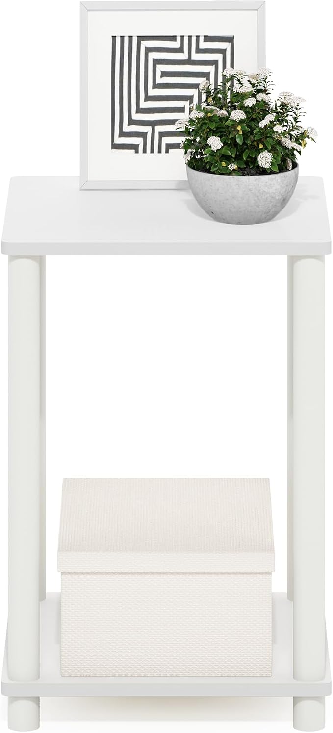 Furinno Turn-N-Tube Side Table, 2-Tier Modern Square End Table with Open Shelf, Toolless Night Stand, Bedside Table, for Living Room, Bedroom, White