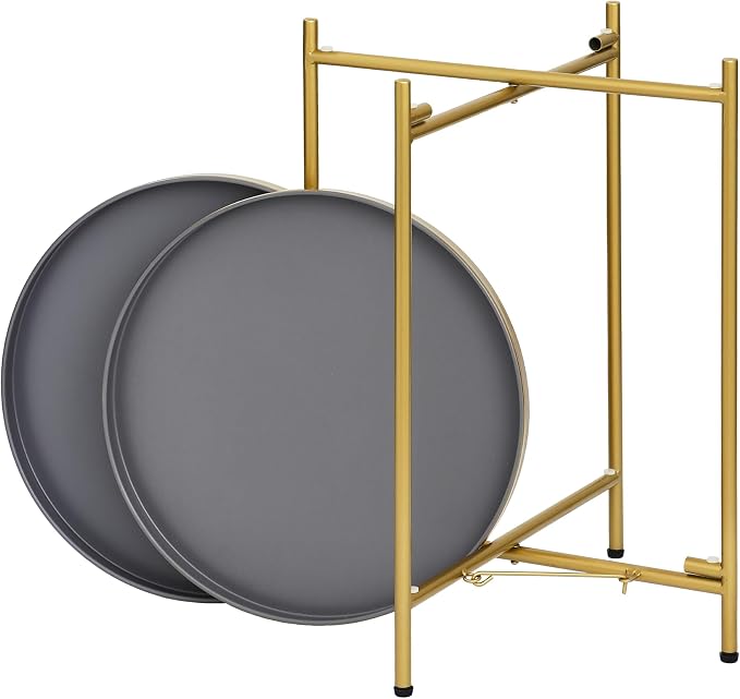 2-Tier Round End Side Table, Small Metal Side Table with Removable Tray, Folding Accent Tables for Living Room, Balcony, Nightstand for Bedroom, Outdoor Tables for Patio, Gold&Grey