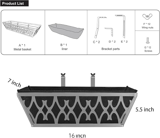 4 Pack 16 Inch Window Boxes Planters Railing Planter Box with Adjustable Brackets & Non-Woven Fabric Plant Grow Bags Deck Railing Planter Boxes Balcony Hanging Flower Box for Outdoor Plants