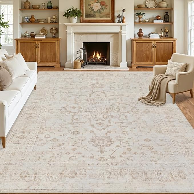 10x12 Area Rugs Living Room: Bedroom Washable Carpet Warm Beige | Vintage Boho Soft Small Indoor Decor Floor Non-Slip Low Pile Neutral Farmhouse Entryway Laundry Bathroom Bedroom Beside Rugs