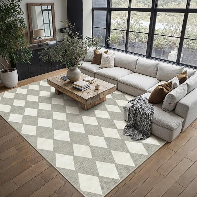Grey 8x10 Washable Area Rug Living Room Non Slip Checkered Carpet | Soft, Low Pile, Easy Clean, Diamond Pattern for Bedroom, Office, Nursery, Dining Room, Kids Room, Modern Indoor Decor