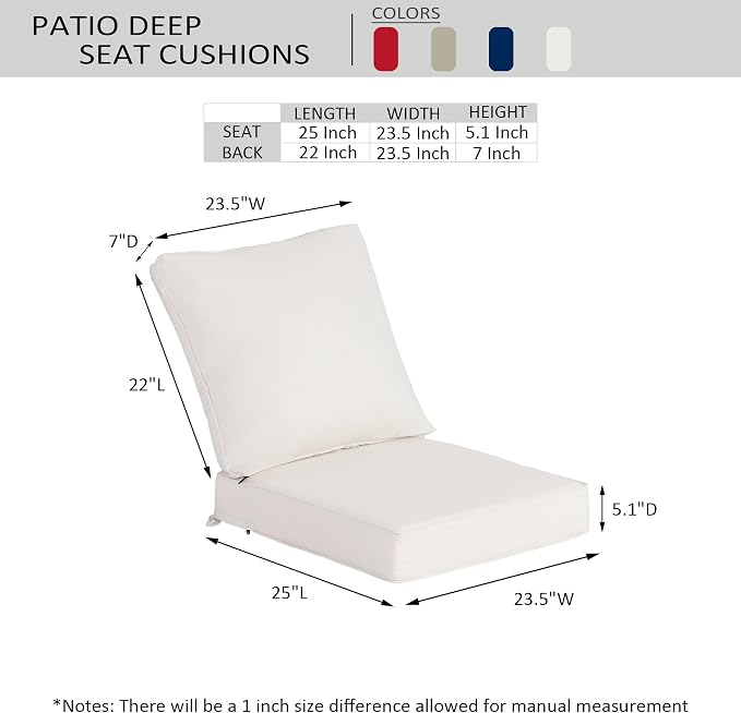 23.5"x25" Outdoor Deep Seat Patio Cushions Set of 2, Deep Seat Bottom Resilient Foam Filling Water-Resistant Stain-Resistant UV Resistant Weather Resistant with YKK Zippers,Almond