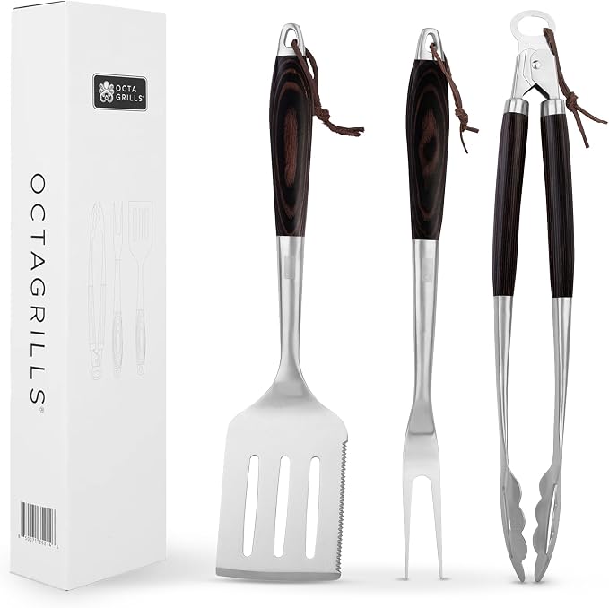 3-Piece BBQ Utensil Set – Premium Stainless Steel Grill Tools with Extra Wide Spatula - Black Pakka Wood Handles & Leather Hanging Loops (Spatula, Tongs & Fork)