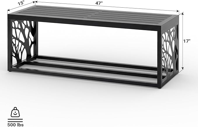 47" Outdoor Garden Bench with Storage Shelf, Modern Black Entryway Bench, Wood-Grain HDPE Seat, Galvanized Steel Frame with Powder Coating for Porch, Yard, Patio, Tree